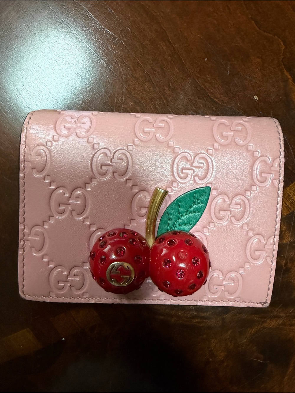 Gucci Japan Exclusive Pink Leather Card Holder/Wallet  with Red Cherry Appliqué